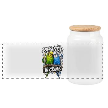 Budgie partners in crime - Panoramic Cookie Jar with Wooden Lid - white - Front