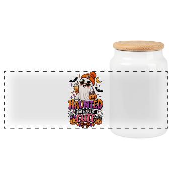 Haunted But Make It Cute Halloween - Panoramic Cookie Jar with Wooden Lid - white - Front