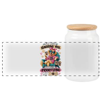 Dog Mom Priorities – Funny Sarcastic Dog Design - Panoramic Cookie Jar with Wooden Lid - white - Front