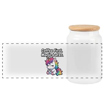 Coffee First, Magic Later Unicorn - Panoramic Cookie Jar with Wooden Lid - white - Front