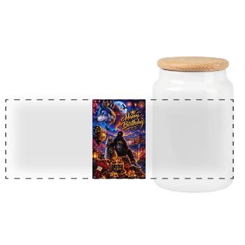 Luminous Birthday Wolf Night Scene - Panoramic Cookie Jar with Wooden Lid - white - Front