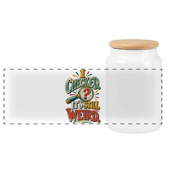 Immer noch seltsam – Lustiger Neugier-Geist-Humor - Panorama Keksdose mit Holzdeckel - Weiß - Vorne