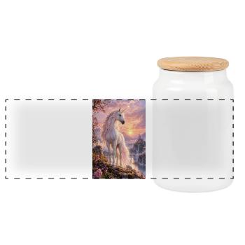 Pastelleinhorn bei Sonnenuntergang über der Burg - Panorama Keksdose mit Holzdeckel - Weiß - Vorne