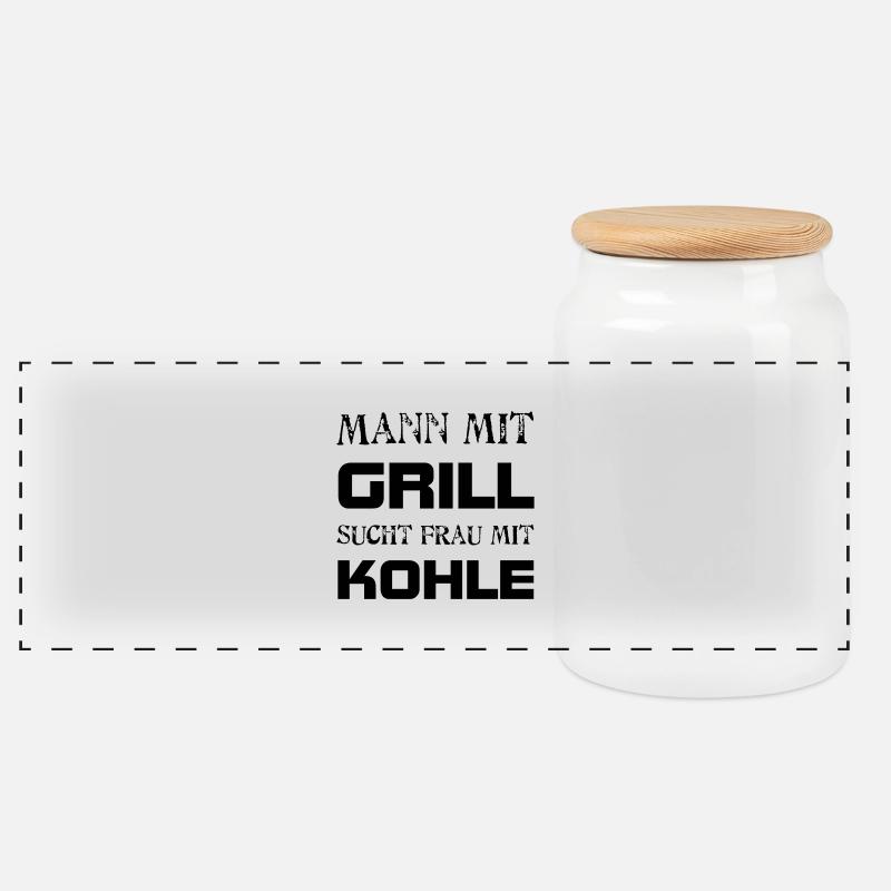 Mann mit Grill sucht Frau mit Kohle - Panorama Keksdose mit Holzdeckel - Weiß