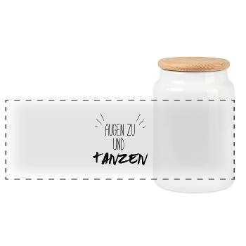 Augen zu und tanzen (Spruch) - Panorama Keksdose mit Holzdeckel - Weiß - Vorne
