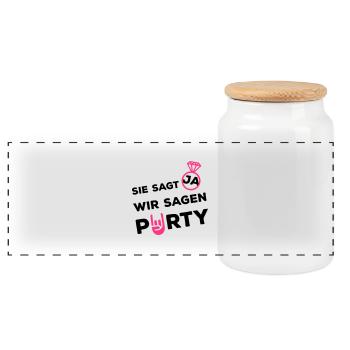 sie sagt ja wir party ring - Panorama Keksdose mit Holzdeckel - Weiß - Vorne