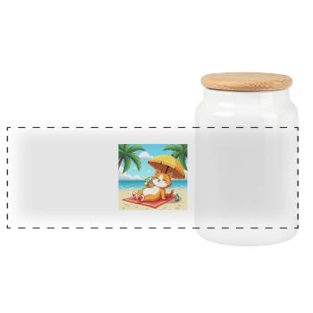 Cat on the beach in the sun with drink - cartoon - Panoramic Cookie Jar with Wooden Lid - white - Front