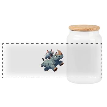 Nashorn mit herumtollendem Kind - Panorama Keksdose mit Holzdeckel - Weiß - Vorne