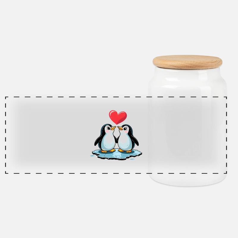 Comic Style Verliebtes Pinguin Paar - Panorama Keksdose mit Holzdeckel - Weiß