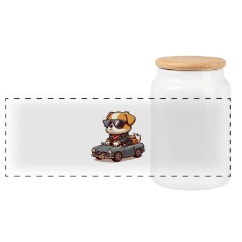 Gangsta dog in a classic car 🐶🚗🕶️ - Panoramic Cookie Jar with Wooden Lid - white - Front