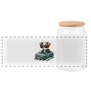 Gangsta dog in a classic car 🐶🚗🕶️ - Panoramic Cookie Jar with Wooden Lid - white - Front