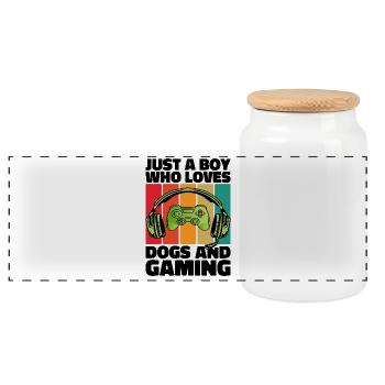 Gamer and Dogs: Video Games and Canine Loyalty - Panoramic Cookie Jar with Wooden Lid - white - Front