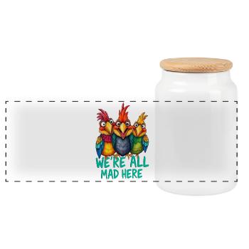 Crazy birds - we are all mad here 1 - Panoramic Cookie Jar with Wooden Lid - white - Front
