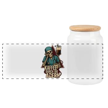 Kaffee Durch Die Adern – Pflegekraft Skelett - Panorama Keksdose mit Holzdeckel - Weiß - Vorne