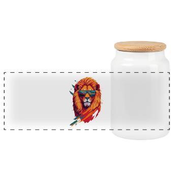 Roaring Retro: Aggressive Lion T-Shirt Art - Panoramic Cookie Jar with Wooden Lid - white - Front