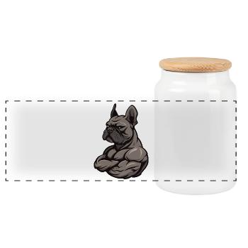 French Bulldog Dog Muscles Bodybuilding - Panoramic Cookie Jar with Wooden Lid - white - Front