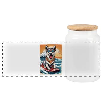 Cooler Husky auf Surfbrett - Panorama Keksdose mit Holzdeckel - Weiß - Vorne