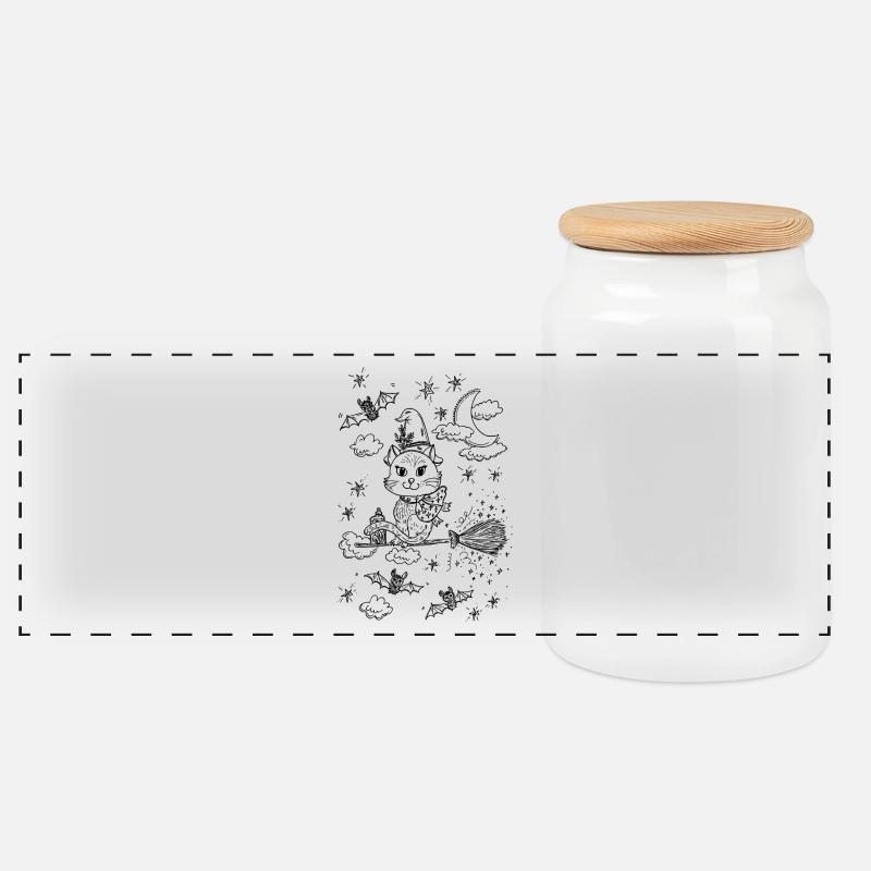 Witch Cat Magic Broom - Panoramic Cookie Jar with Wooden Lid - white