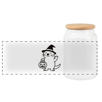 Otter with Halloween Magic Hat - Panoramic Cookie Jar with Wooden Lid - white - Front