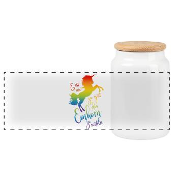 Einhorn satteln Spruch Regenbogen Silhouette bunt - Panorama Keksdose mit Holzdeckel - Weiß - Vorne
