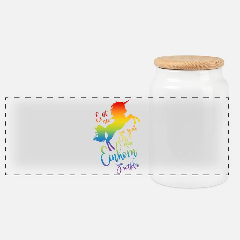 Einhorn satteln Spruch Regenbogen Silhouette bunt - Panorama Keksdose mit Holzdeckel - Weiß