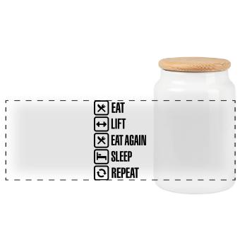 Eat - Lift - Eat again - Sleep - Repeat - Panoramic Cookie Jar with Wooden Lid - white - Front