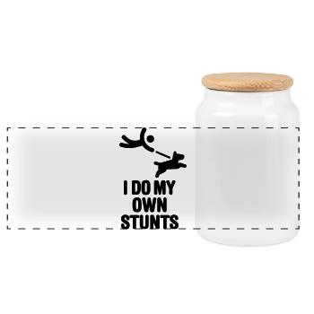 I do my own stunts dog walk funny dog - Panoramic Cookie Jar with Wooden Lid - white - Front