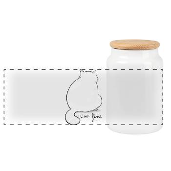 Backview Fluffy Cat Silhouette - Panoramic Cookie Jar with Wooden Lid - white - Front