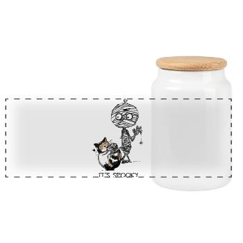 Mummy and Cat - Halloween Motif - It ́s spooky - Panoramic Cookie Jar with Wooden Lid - white - Front