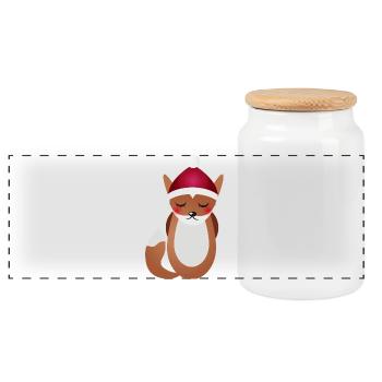 cute fox with Santa Claus Christmas hat - Panoramic Cookie Jar with Wooden Lid - white - Front