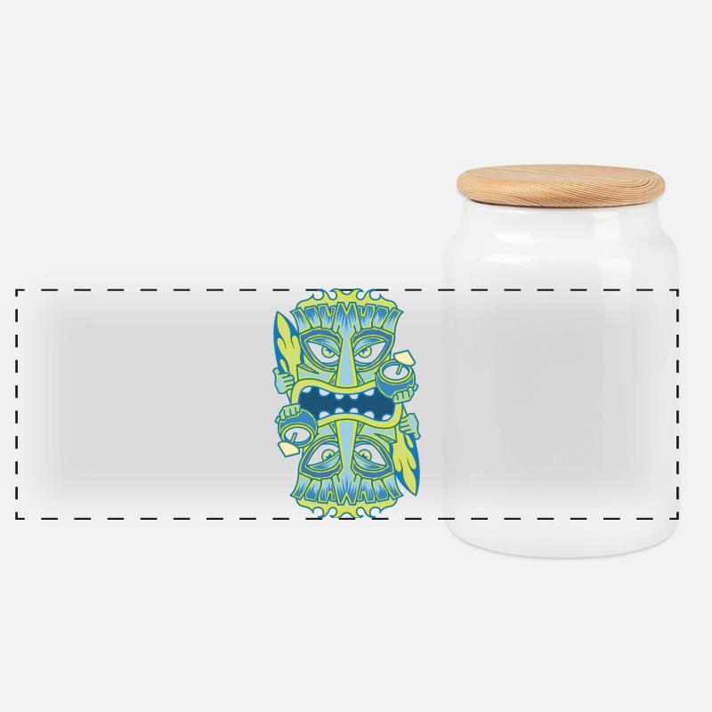 Blue Tiki King - Coconut - Panoramic Cookie Jar with Wooden Lid - white