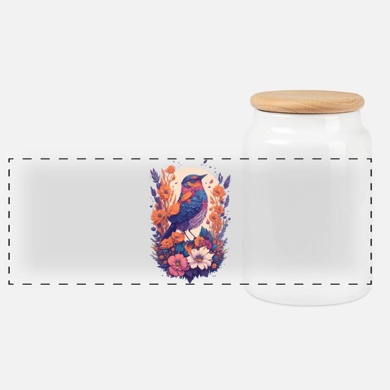 Vogel im Blumenbouquet - Panorama Keksdose mit Holzdeckel - Weiß