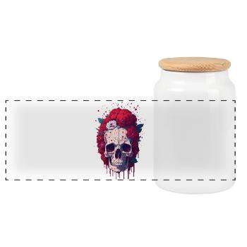 Totenkopf mit roten Blumen - Panorama Keksdose mit Holzdeckel - Weiß - Vorne