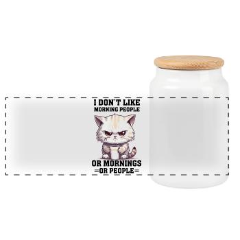 i don't like morning people Cat coffee - Panoramic Cookie Jar with Wooden Lid - white - Front