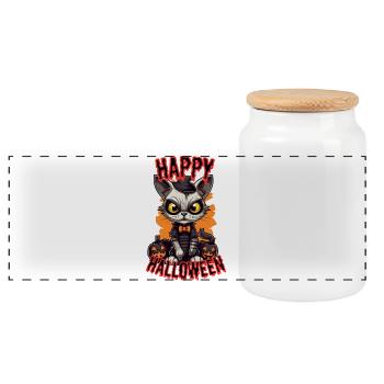 Süßer Halloween-Katzen-Design im Cartoon-Stil - Panorama Keksdose mit Holzdeckel - Weiß - Vorne