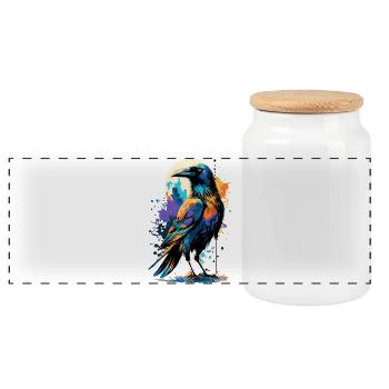 Black Raven - Crow Colorful - Ravens & Crows - Panoramic Cookie Jar with Wooden Lid - white - Front