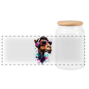 Camel Dromedary Colorful with Headphones - DJ Camel - Panoramic Cookie Jar with Wooden Lid - white - Front