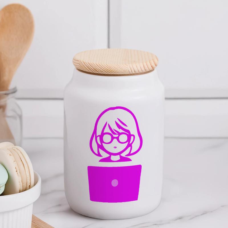 Woman with Computer Programmer Coder Panoramic Cookie Jar with Wooden Lid