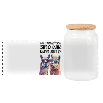 Funny Llama Couple Unisex T-Shirt - Panoramic Cookie Jar with Wooden Lid - white - Front