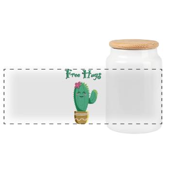 Cute cactus loves hugs - Panoramic Cookie Jar with Wooden Lid - white - Front