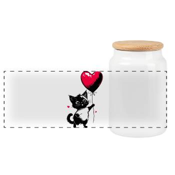 Cat with Heart Balloon - Heartful Creatures - Panoramic Cookie Jar with Wooden Lid - white - Front