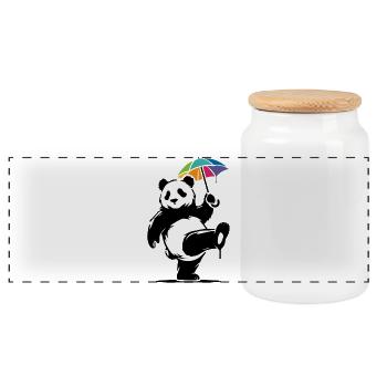 Dancing panda with rainbow umbrella - Panoramic Cookie Jar with Wooden Lid - white - Front