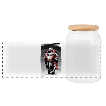 Motorcycle Racer Supersport Sketch Illustration Logo - Panoramic Cookie Jar with Wooden Lid - white - Front