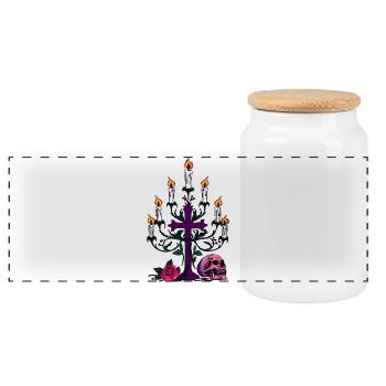 Kerzenständer, Menschenschädel, Rosenblüte - Panorama Keksdose mit Holzdeckel - Weiß - Vorne