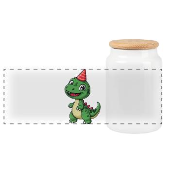 Cute Dinosaur with Party Hat - Fun and Playful - Panoramic Cookie Jar with Wooden Lid - white - Front