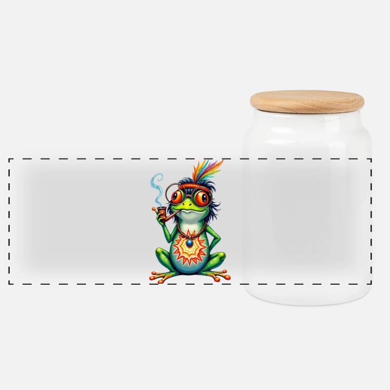 Lustiger Frosch mit Friedenspfeife - Hippie-Vibes - Panorama Keksdose mit Holzdeckel - Weiß