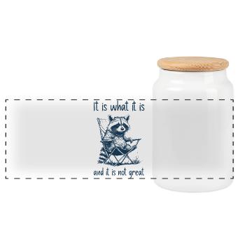 Funny Raccoon – It Is What It Is - Panoramic Cookie Jar with Wooden Lid - white - Front