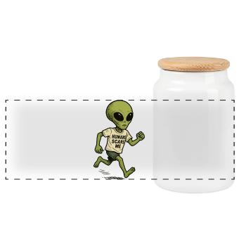 Alien Extraterrestrial with Humor - Humans Scare Me - Panoramic Cookie Jar with Wooden Lid - white - Front
