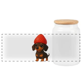 Teckel drôle avec des fraises et un chapeau fruité - Boîte à biscuits avec couvercle en bois - blanc - Devant