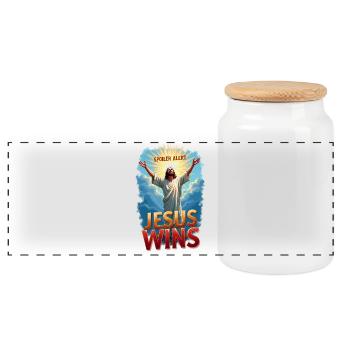 Spoiler Alert: Jesus Wins - Panoramic Cookie Jar with Wooden Lid - white - Front